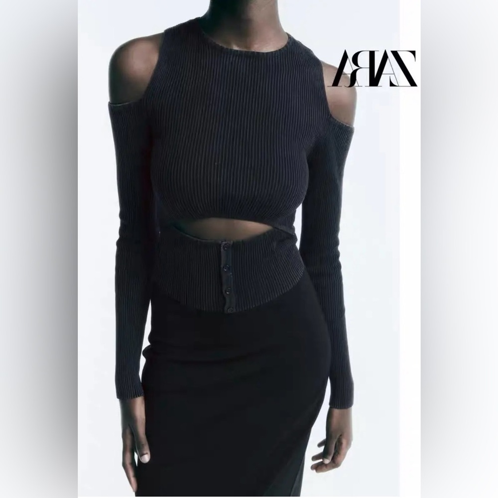 Zara Cut-off Shoulder Ribbed Top - Picture 2 of 3